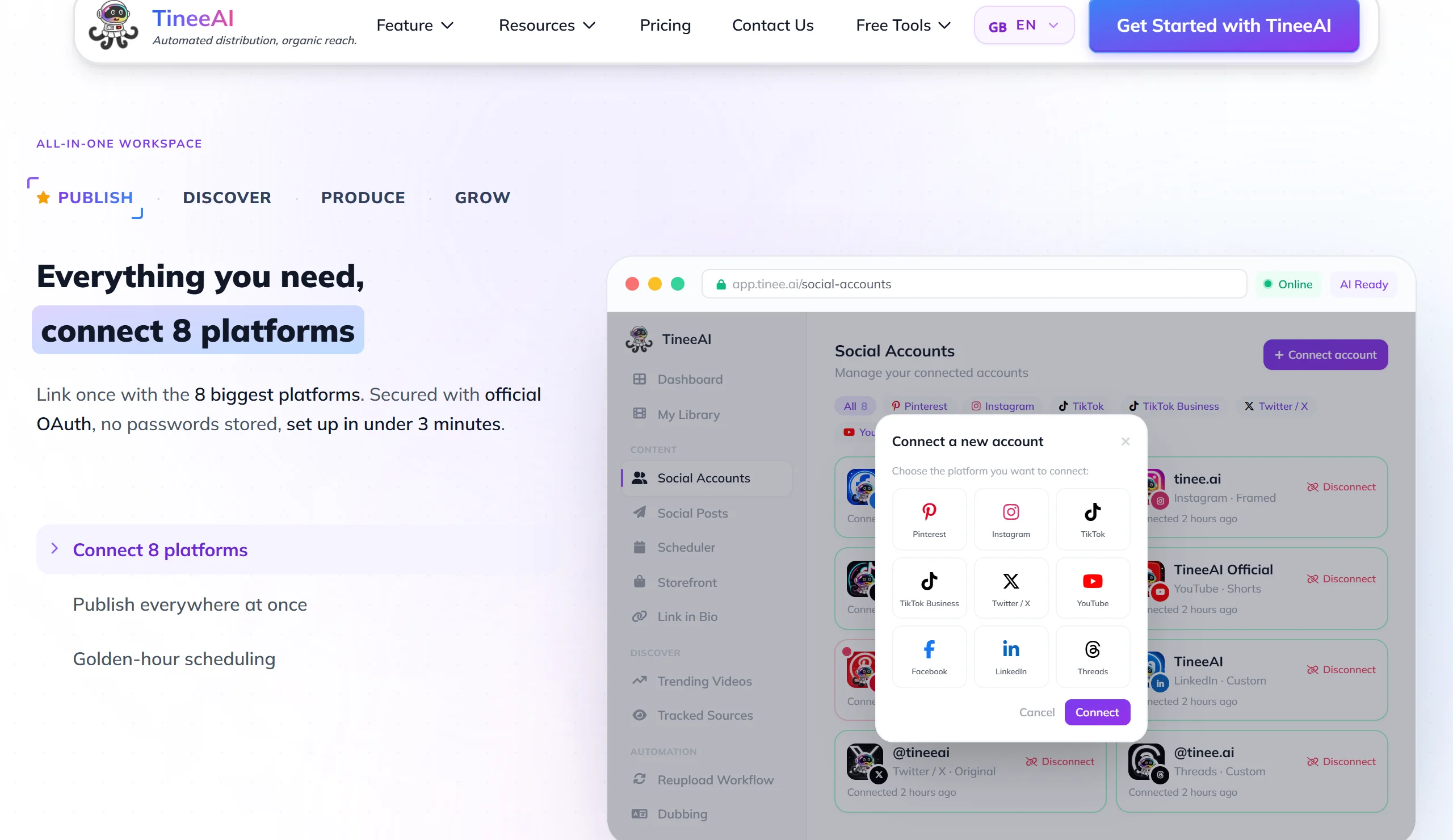 Tinee AI all-in-one workspace: connect 8 platforms with official OAuth
